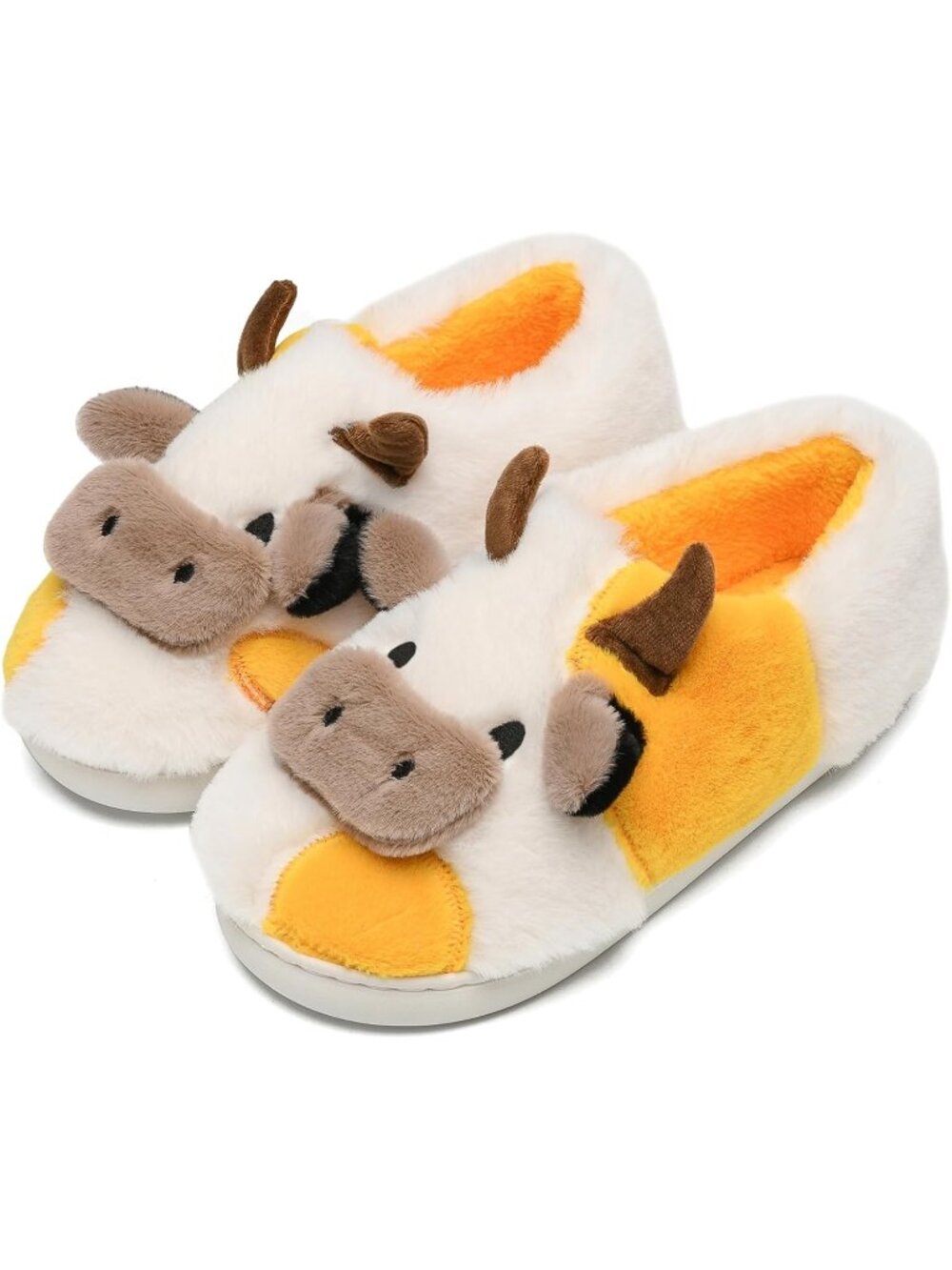 Women's Yellow Fluffy Cute Cozy Cartoon Fuzzy Cow Polyester Indoor Slippers